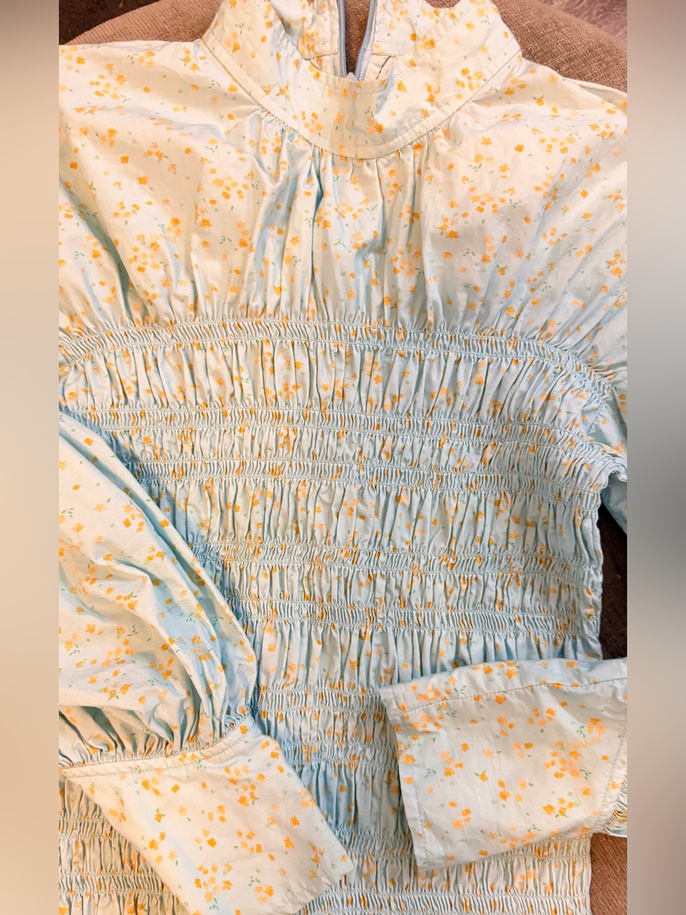 Ganni Light Blue Smocked Floral Blouse